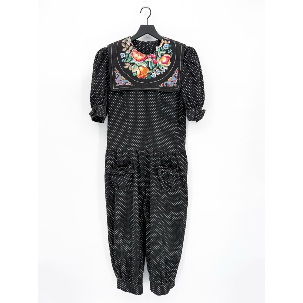 Vintage Natalie Polka Dot Bib Collar Peasant Jumpsuit Medium